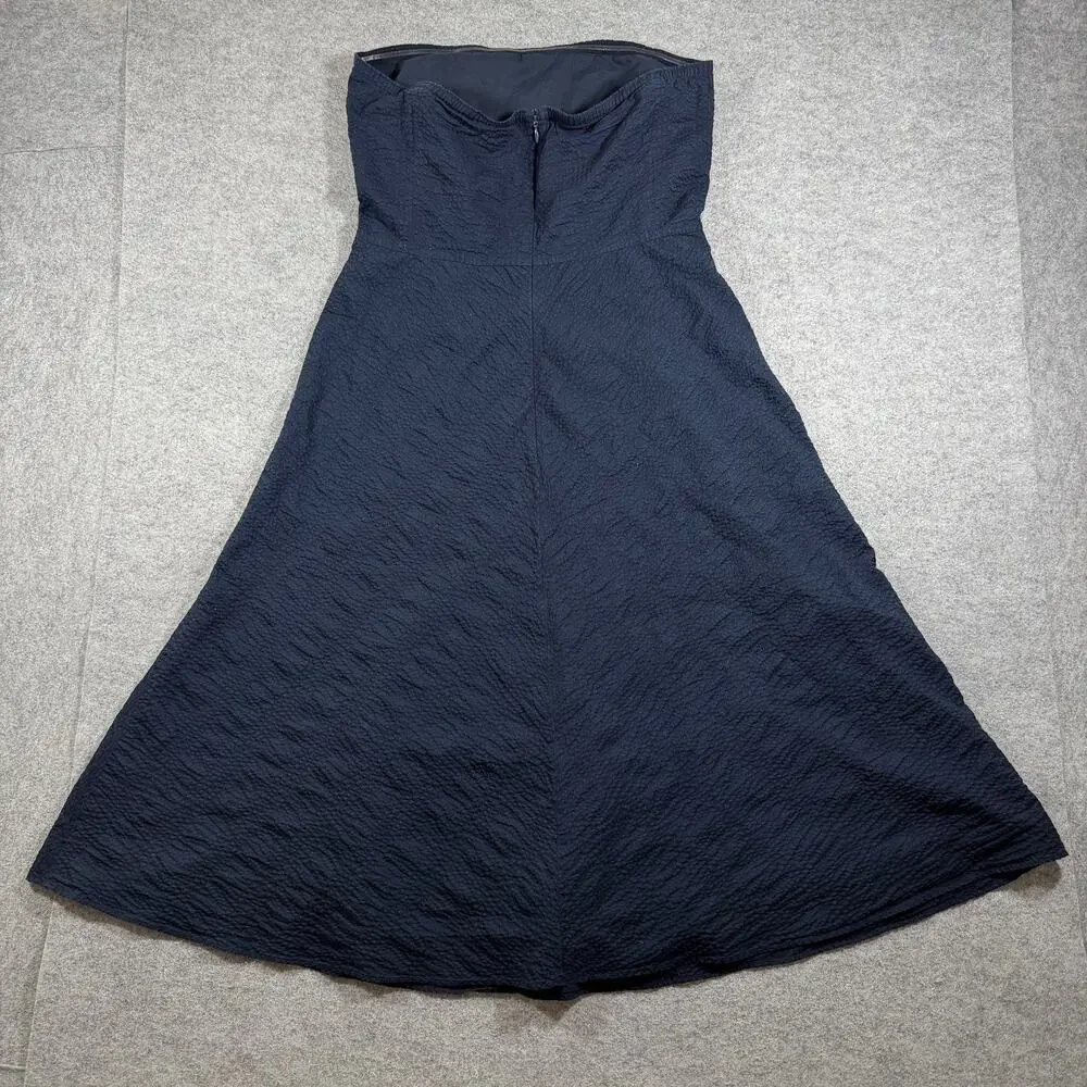 J.Crew Strapless Dress Womens 8 Navy Cotton Seersucker Sweetheart Midi Flare